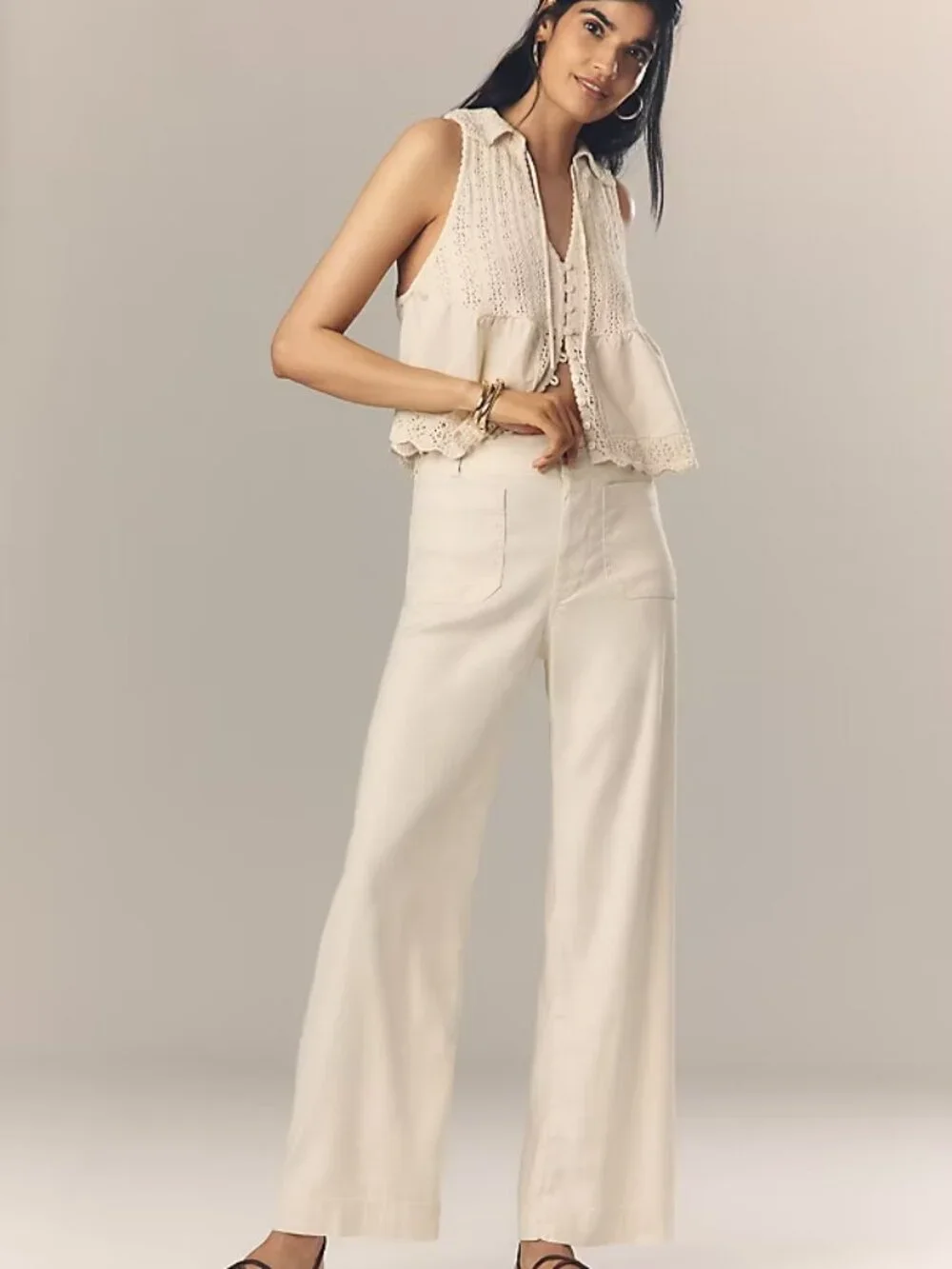 Anthropologie Maeve Colette Linen Wide-Leg Full-Length Pants 27 4 Ivory Cream - Picture 2 of 8